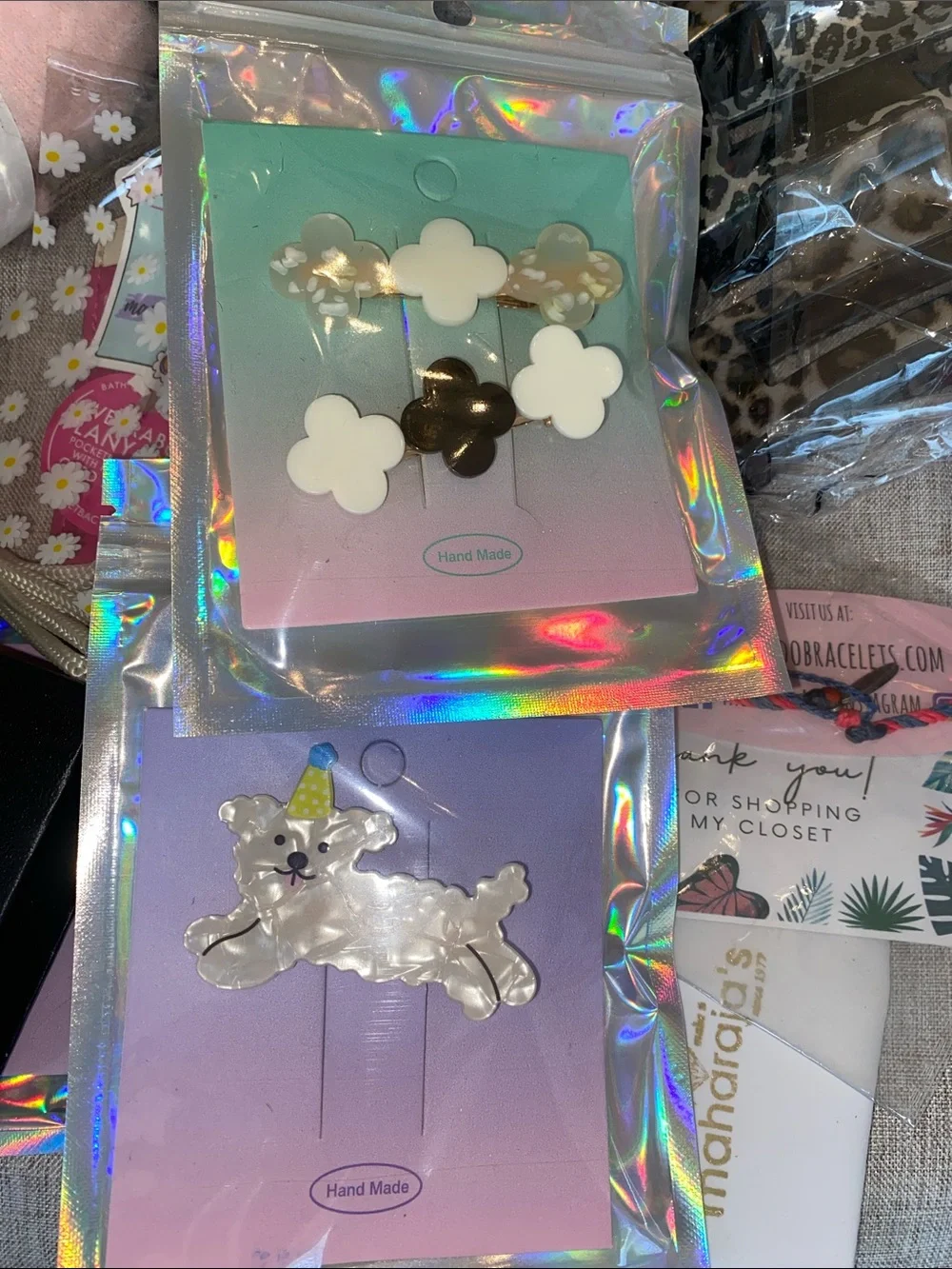 Handmade Kids Floral Clover Hair Clips — White & Pearlescent